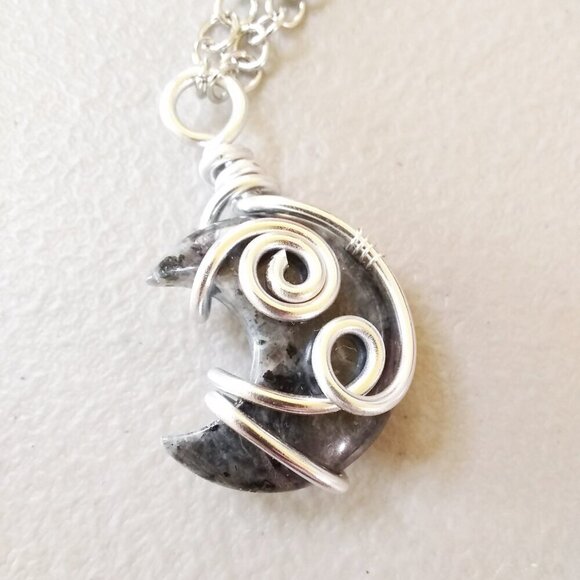 Chunky Larvikite Moon Pendant! Wire Wrapped - Gray Silver Black Labrador… - Picture 2 of 12